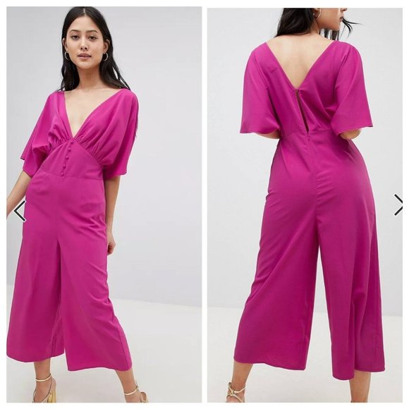 NWT ASOS Design Magenta Tea Jumpsuit With Kimono Sleeve And Button Detail Size 4 - Picture 1 of 12
